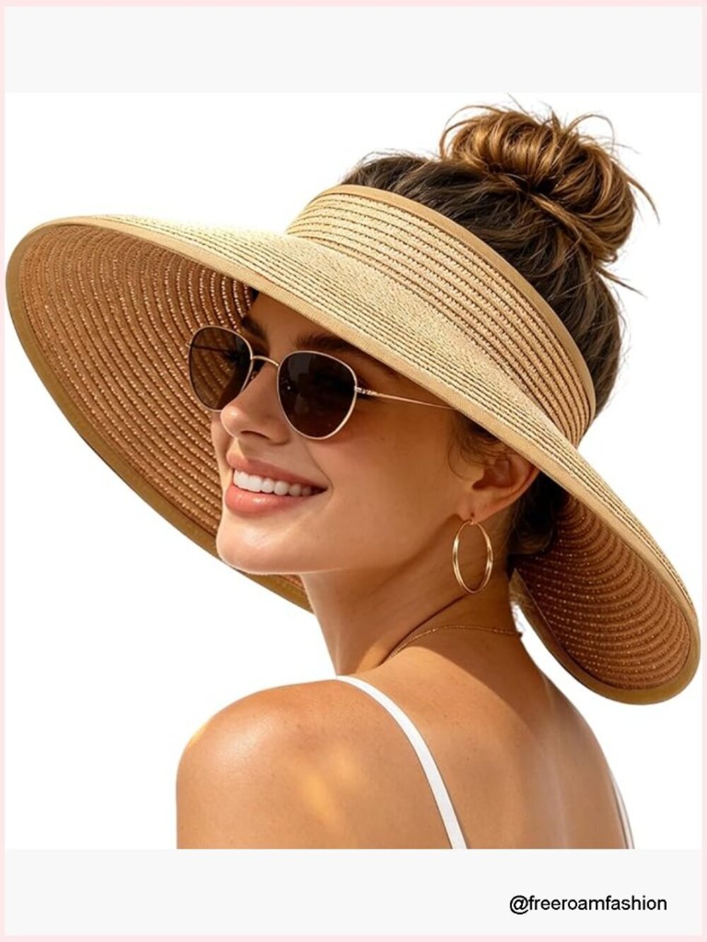 Wide Brim Straw Visor Hat Foldable Packable Travel Beach Sun Hat UPF 50+